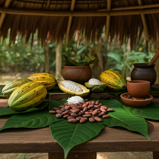 Mesa en entorno amazonico con frutos y semillas de cacao sobre hojas verdes y cuencos de barro.