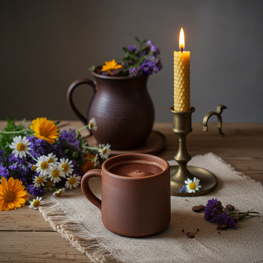 Escena inspirada en el siglo XVII con una taza de cacao caliente, un candelabro de latón antiguo y flores sobre una mesa rústica, evocando la llegada del cacao a Europa.