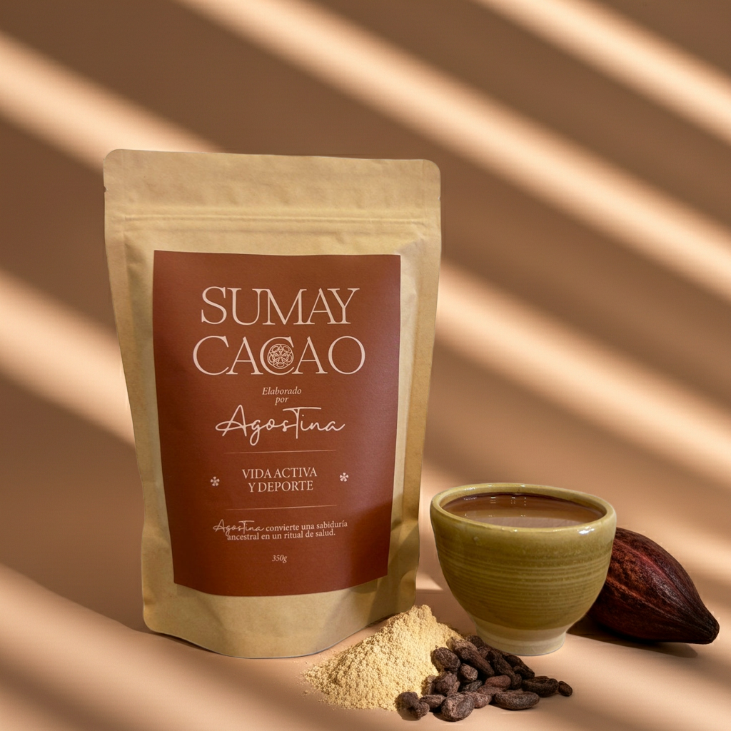 Bolsa de Sumay Cacao Vida Activa y Deporte con taza de cacao caliente, maca en polvo y fruto de cacao sobre fondo cálido con sombras diagonales.”