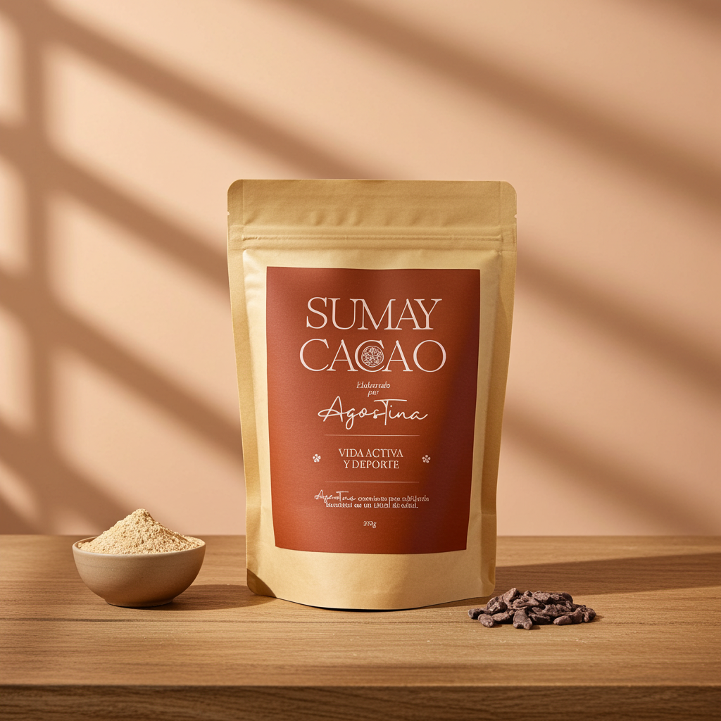 Bolsa de 350 g de Sumay Cacao Vida Activa y Deporte sobre fondo melocotón con sombras suaves, acompañada de maca en polvo y nibs de cacao. Fotografía de estilo cálido y minimalista.”