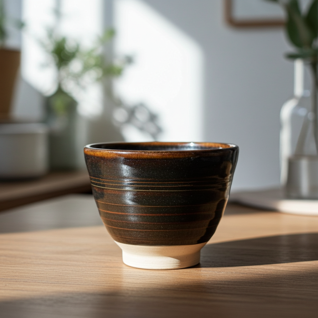 Taza artesanal de cerámica con esmalte marrón profundo sobre mesa de madera, con sombras suaves de hojas al fondo.