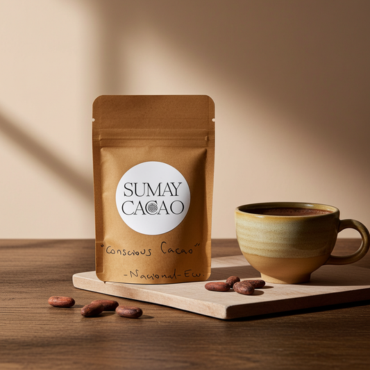 Sobre de cacao ceremonial Sumay Cacao 25 g junto a una taza artesanal de cacao caliente sobre tabla de madera, con granos de cacao alrededor.