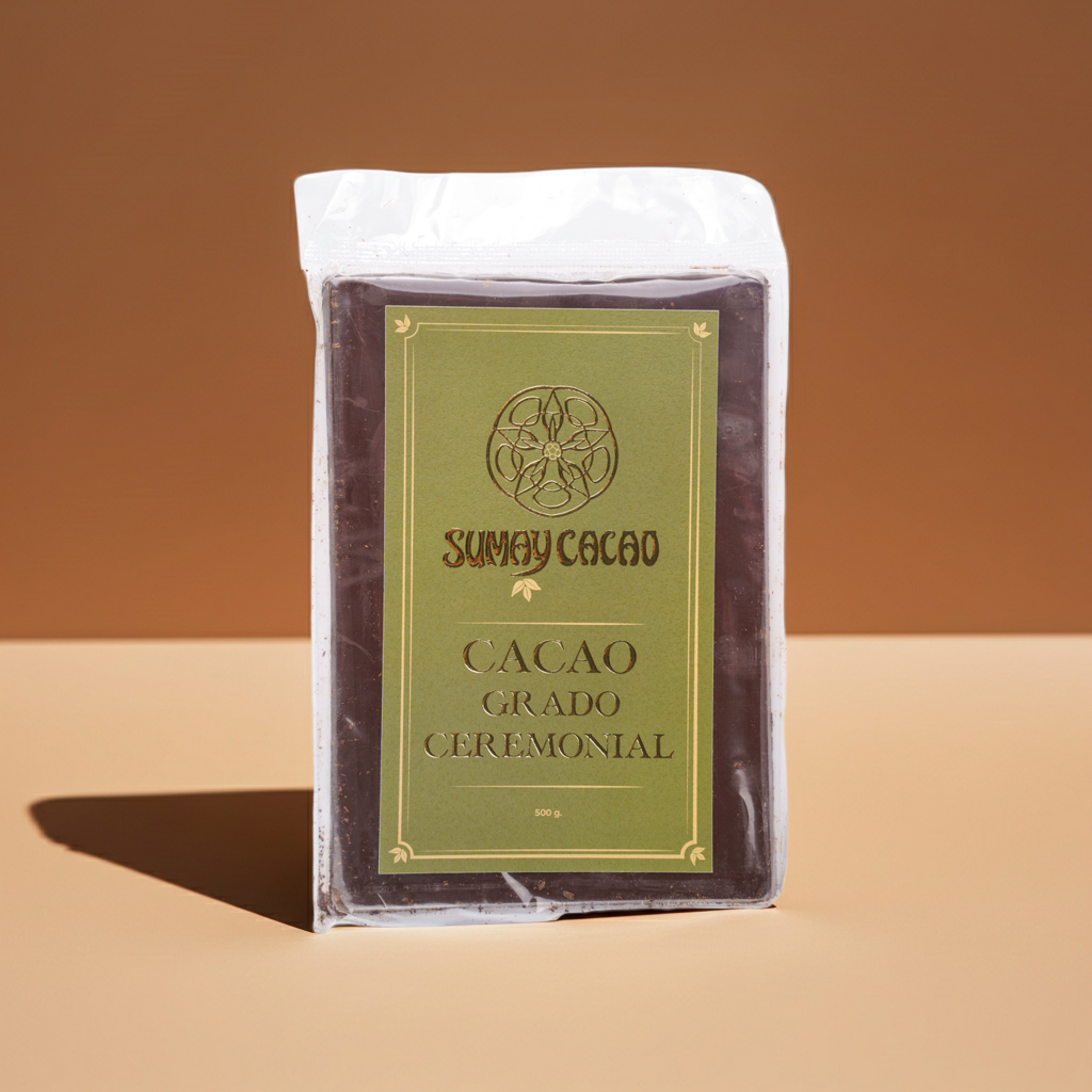 Bloque de cacao ceremonial Ganso de 1 kg sobre fondo beige melocotón, fotografía minimalista.