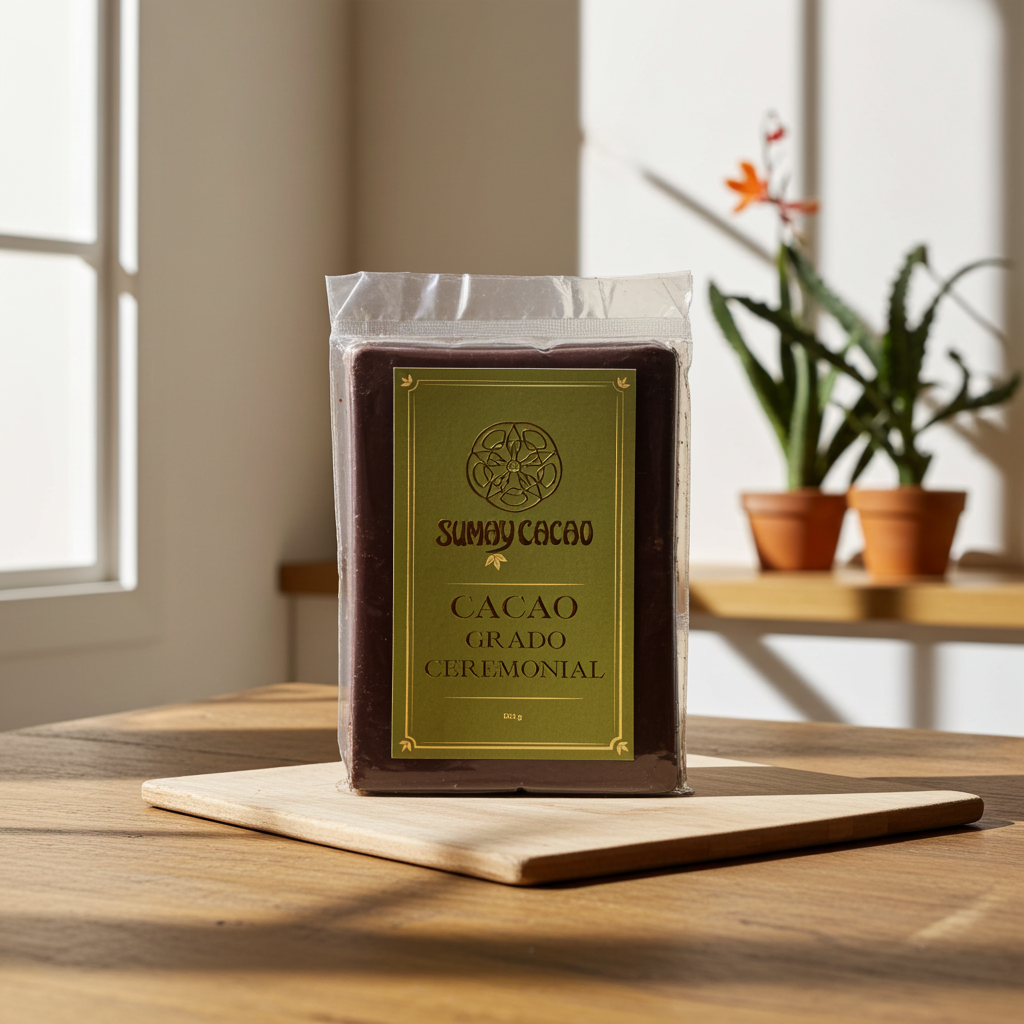 Bloque de kilo de cacao puro Sumay sobre tabla de madera en habitación con plantas al fondo y luz natural