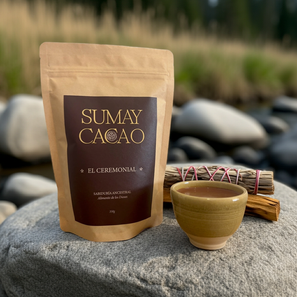 Paquete de cacao ceremonial Sumay sobre una piedra con una taza y salvia y palo santo, entorno de naturaleza.