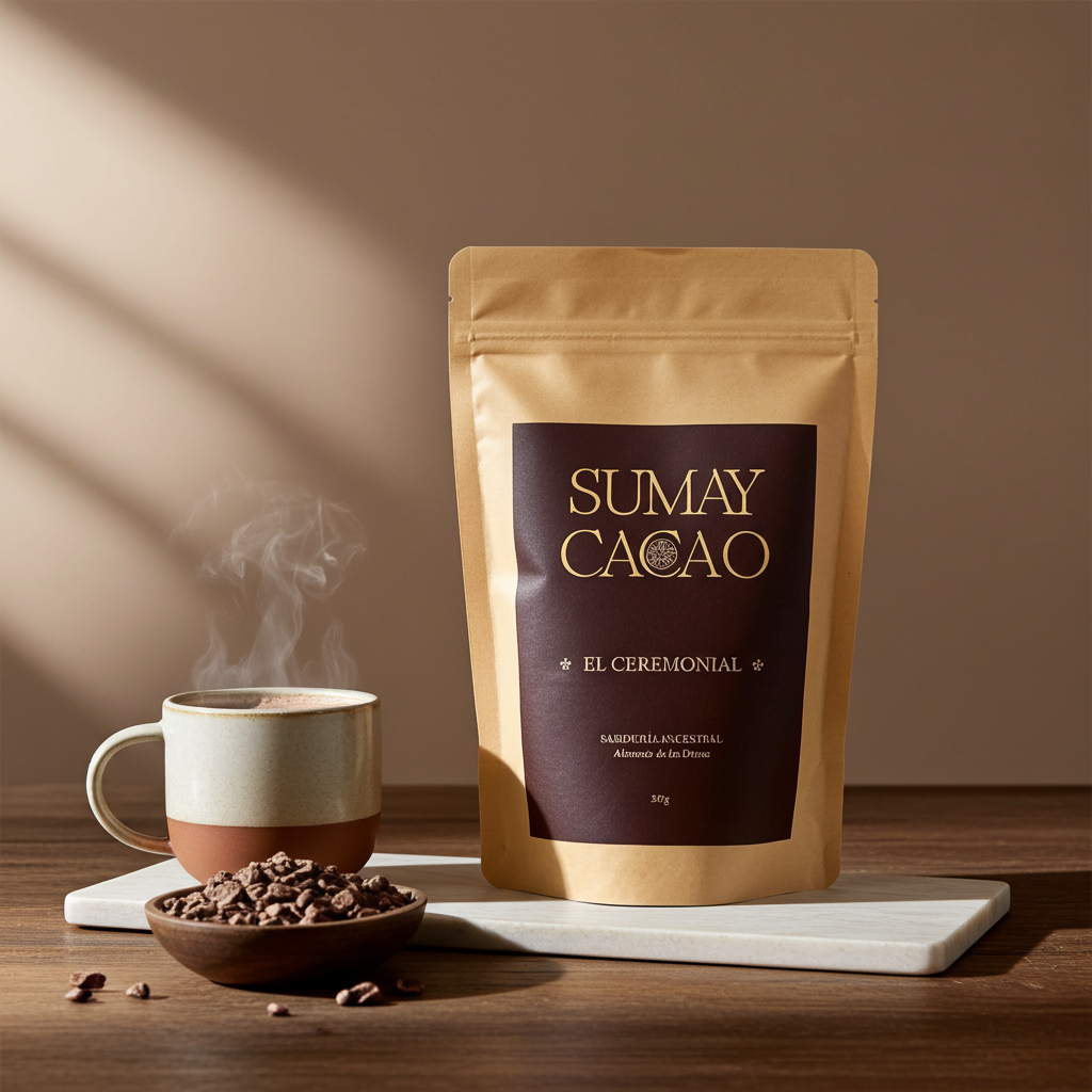 Paquete de cacao ceremonial unto a taza humeante y nibs de cacao sobre tabla de piedra en mesa de madera y luz natural entrando por un lado