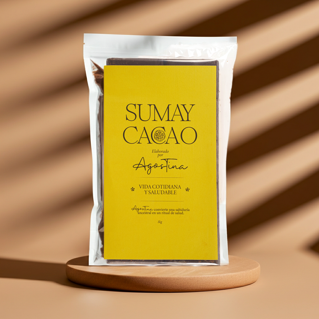 Bloque de Pasta de Cacao Vida Cotidiana de Sumay Cacao, 1 kg, con etiqueta amarilla, fotografiado sobre fondo cálido melocotón con luz suave.