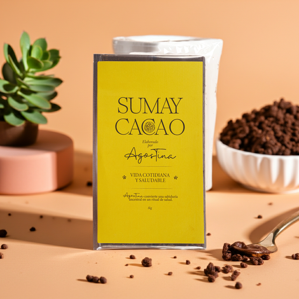 Pasta de cacao Vida Cotidiana de Sumay Cacao, bloque de 1 kg con etiqueta amarilla sobre fondo melocotón, acompañado de cacao triturado y una planta suculenta