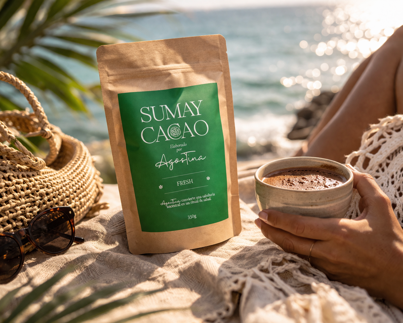 ceremonial cacao fresh peru criollo cacao cup beach setting