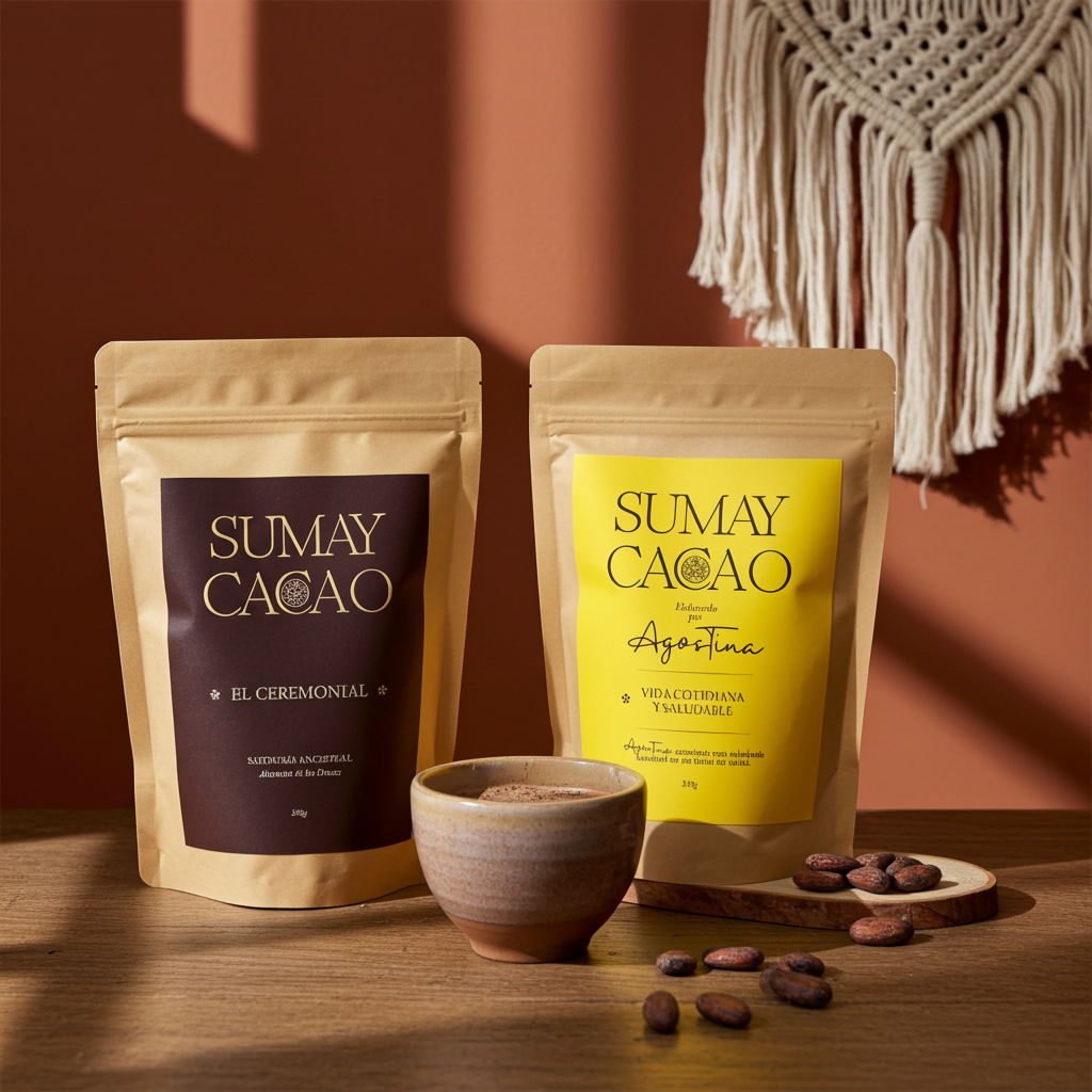 Pack dúo de cacao ceremonial Sumay Cacao con bolsas El Ceremonial y Vida Cotidiana, taza de cacao caliente y granos de cacao en un ambiente acogedor.