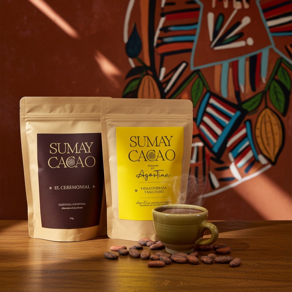 Dúo de cacao ceremonial Sumay Cacao, variedades El Ceremonial y Vida Cotidiana, acompañado de taza de cacao y granos sobre fondo terroso con dibujo.