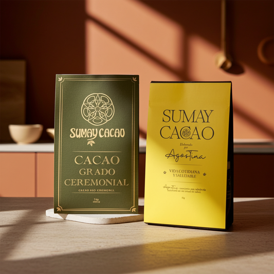 Dúo de cacao ceremonial Sumay Cacao, dos bolsas de cacao puro sobre fondo claro con taza, presentación limpia y elegante