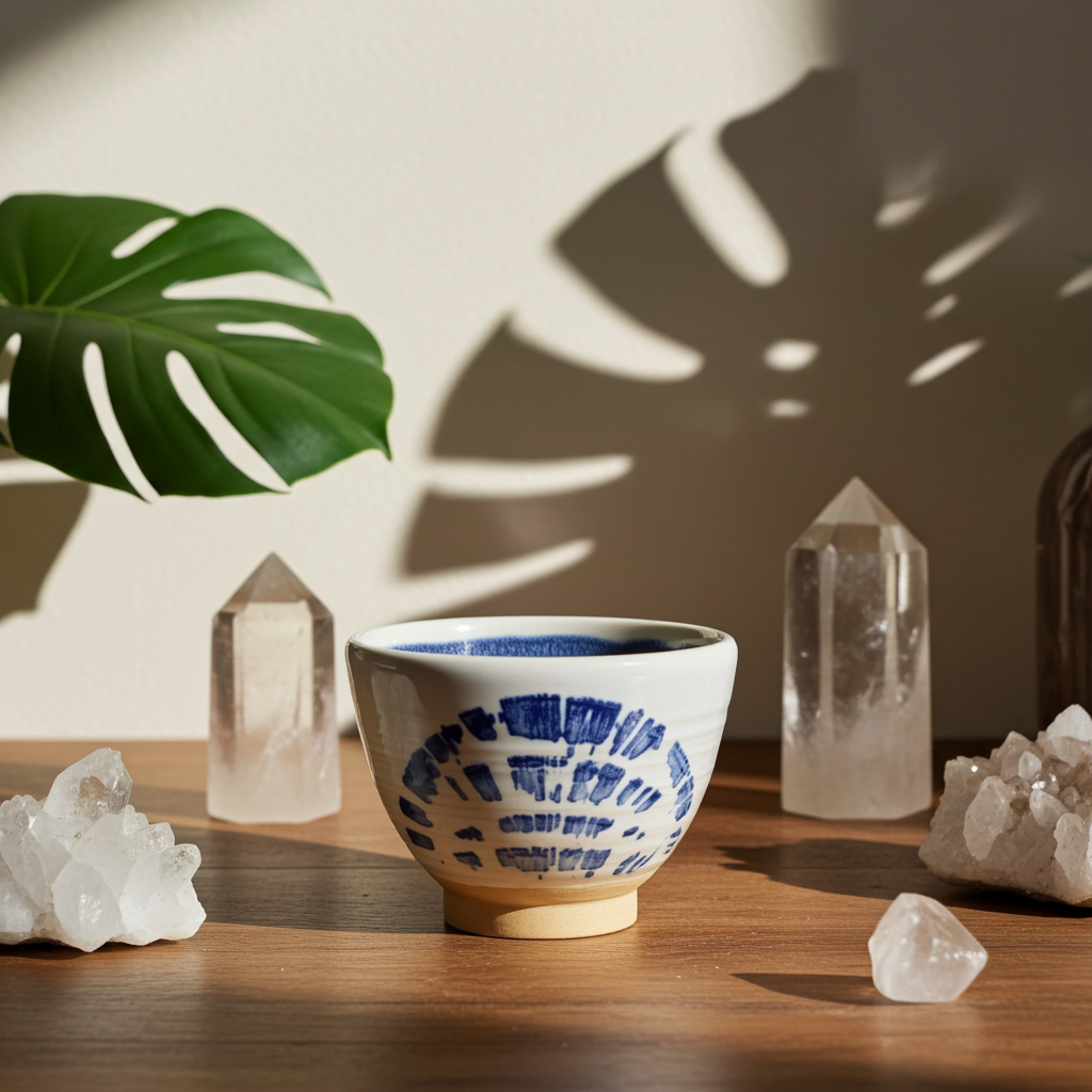 Tacita artesanal de cerámica blanca con diseño azul en forma de abanico, sobre mesa de madera y rodeada de cristales de cuarzo, con sombras de hojas al fondo.