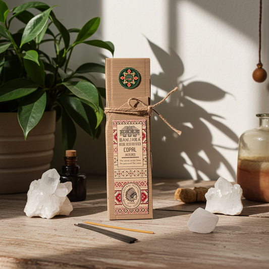 Incienso de copal natural en varillas sobre mesa de madera con cristales y plantas, fotografía cálida estilo ritual.