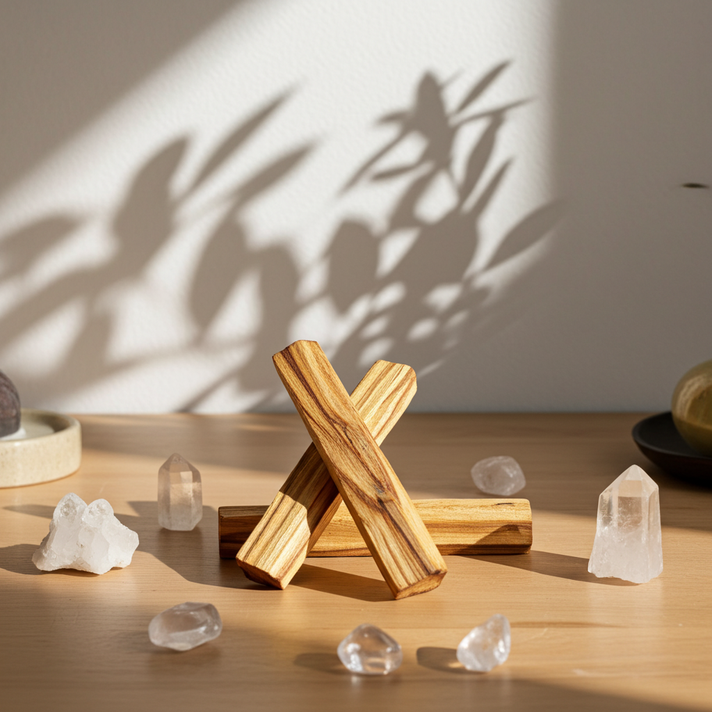 Varas de Palo Santo natural sobre mesa de madera con cuarzos y sombras de hojas, fotografía cálida estilo ritual.