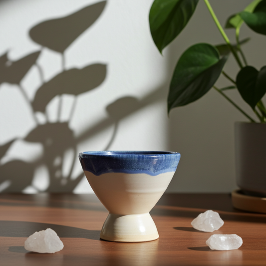 Copalera artesanal de cerámica azul y beige sobre mesa de madera, con cristales de cuarzo y sombras de hojas al fondo.