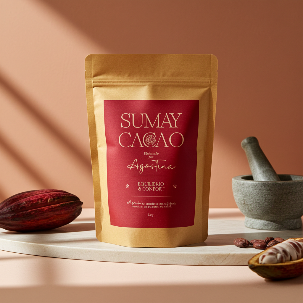 Bolsa de cacao ceremonial Sumay Cacao Equilibrio & Confort con mortero y cacao al lado, sobre fondo durazno