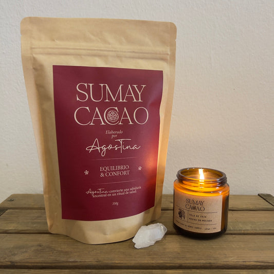 Paquete cacao ceremonial Balance femenino con cuarzo y vela de soja.