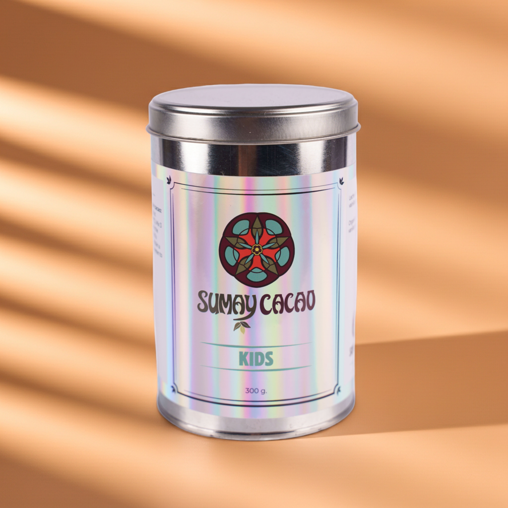 Lata holográfica Cacao Kids de Sumay Cacao sobre fondo melocotón con sombras suaves, fotografía de producto limpia y minimalista.