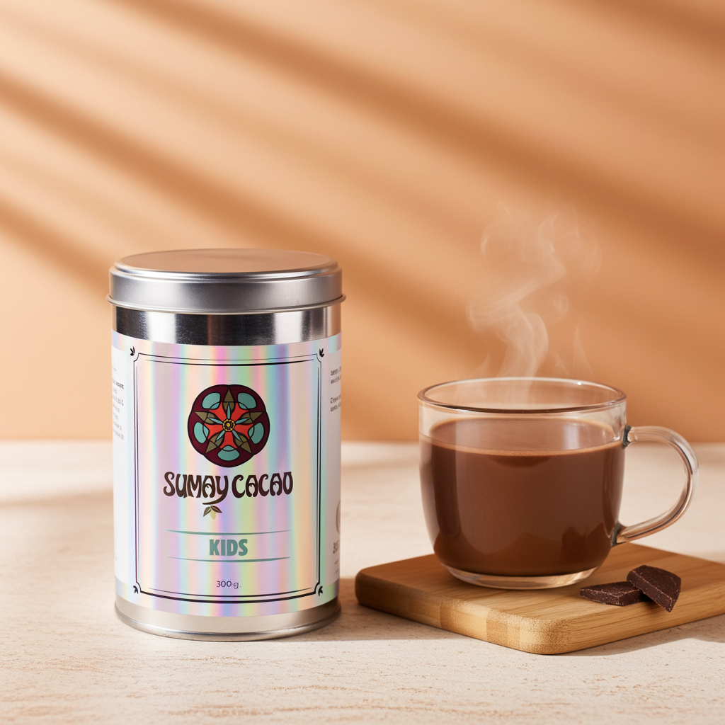 Lata holográfica Cacao Kids junto a taza de cacao caliente sobre tabla de madera, fondo durazno con sombras de persiana, estilo cálido y orgánico.