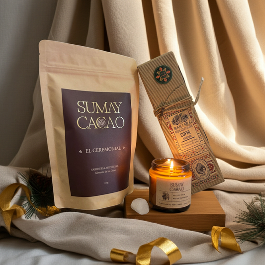 Pack con cacao ceremonial, cuarzo, vela y copal. Un altar de energía y purificación para reconectar con el corazón y la presencia.