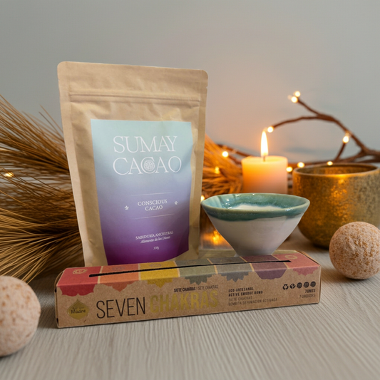 Pack con Conscious Cacao, copalera artesanal y bombas de limpieza energética. Un ritual de renovación y claridad para cuerpo, mente y espíritu.