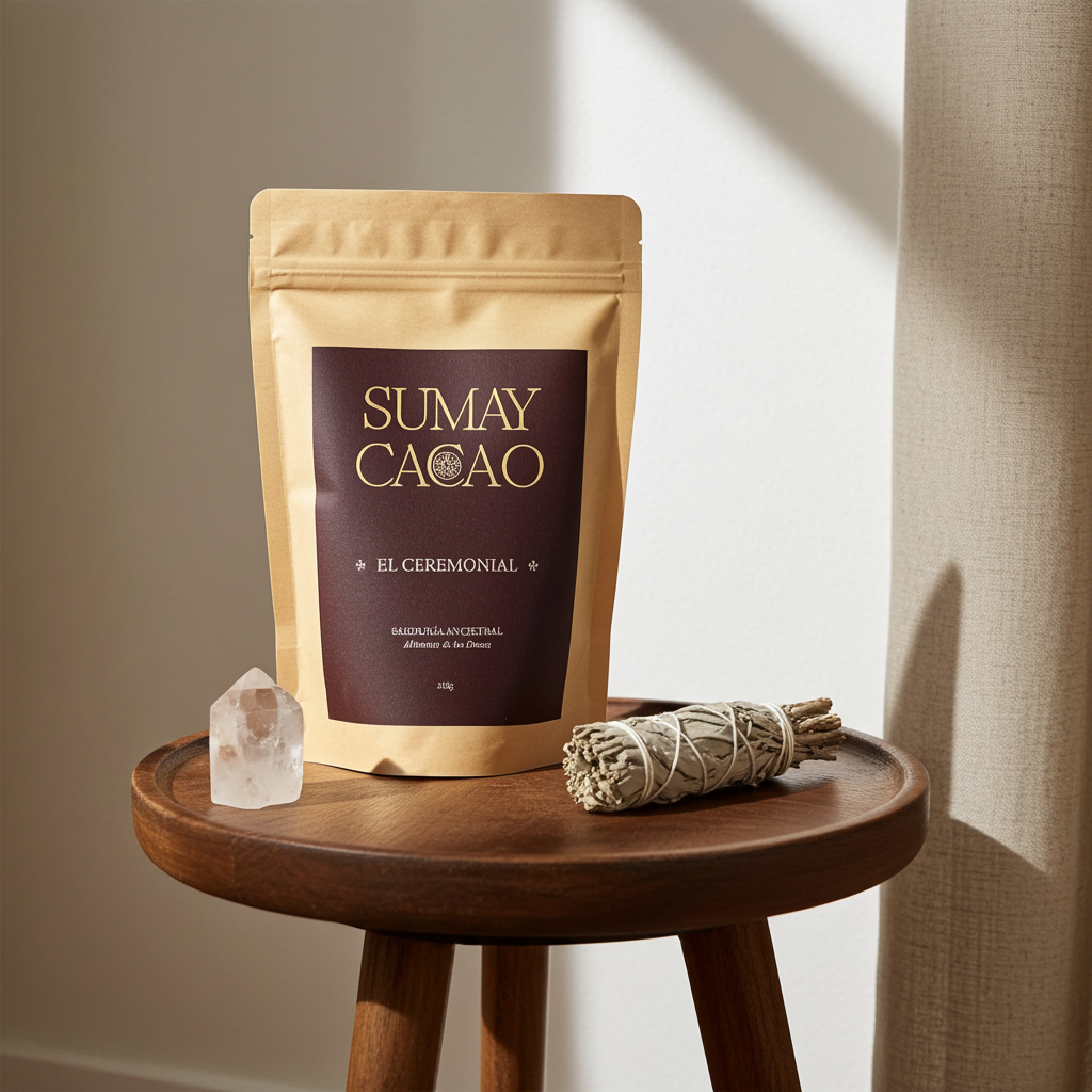 Pack Altar Interno de Sumay Cacao con cacao ceremonial, salvia blanca y cuarzo sobre mesa de madera con luz natural