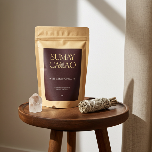 Pack Altar Interno de Sumay Cacao con cacao ceremonial, salvia blanca y cuarzo sobre mesa de madera con luz natural