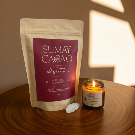Pack Círculo Femenino con cacao ceremonial Balance & Confort 350 g, vela de soja artesanal y cuarzo para ritual femenino