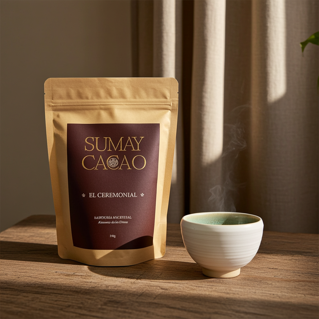 Pack Ritual Esencial de Sumay Cacao con cacao ceremonial y taza artesanal sobre mesa de madera, luz cálida y vapor suave