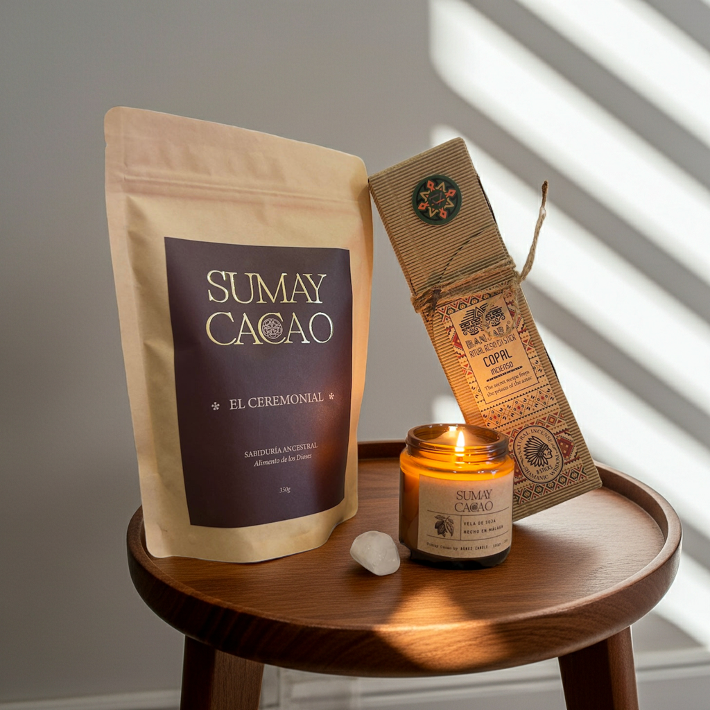 Pack Ritual de Presencia con cacao ceremonial Sumay, vela artesanal de soja, copal en sticks y cuarzo sobre mesa de madera con luz natural