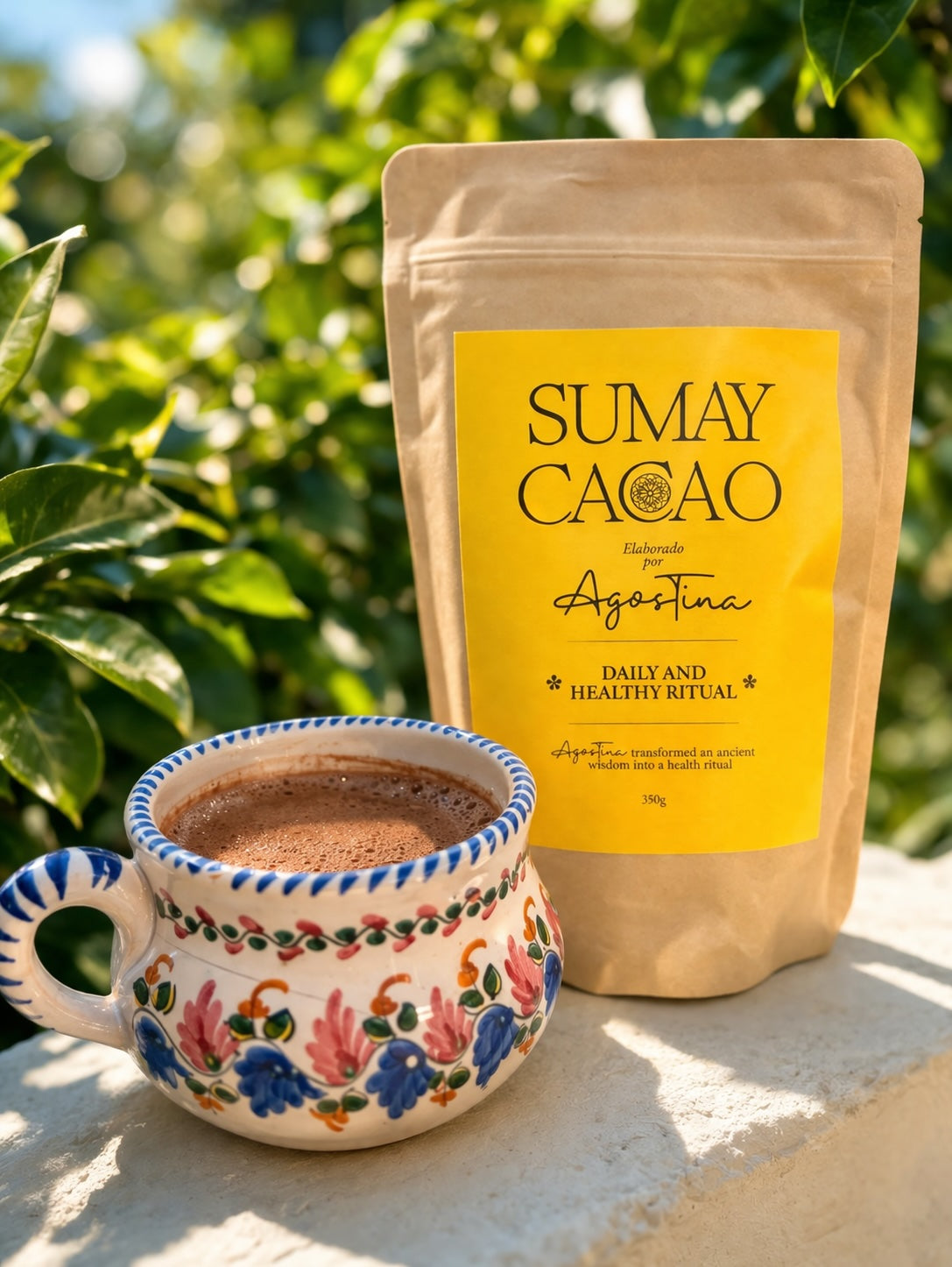 ceremonial cacao with handmade cup natural light setting