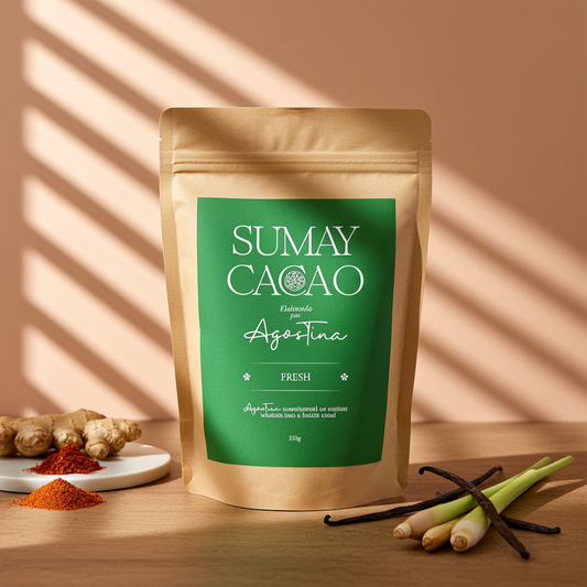 Bolsa de cacao ceremonial Fresh de Sumay Cacao con lemongrass, vainilla, jengibre y cayena sobre fondo melocotón con sombras diagonales suaves