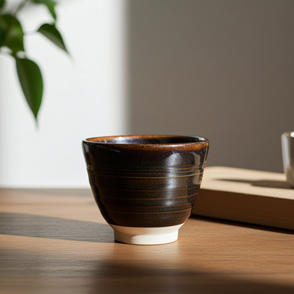Handcrafted ceramic cup with a deep brown glaze on a plain background. Soft daylight.