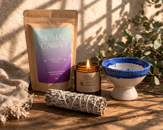 ceremonial cacao home ritual kit with conscious cacao candle sage and handmade ceramic copal burner on wooden table natural light