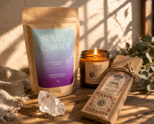 conscious cacao ritual set with candle copal and quartz natural light wooden background