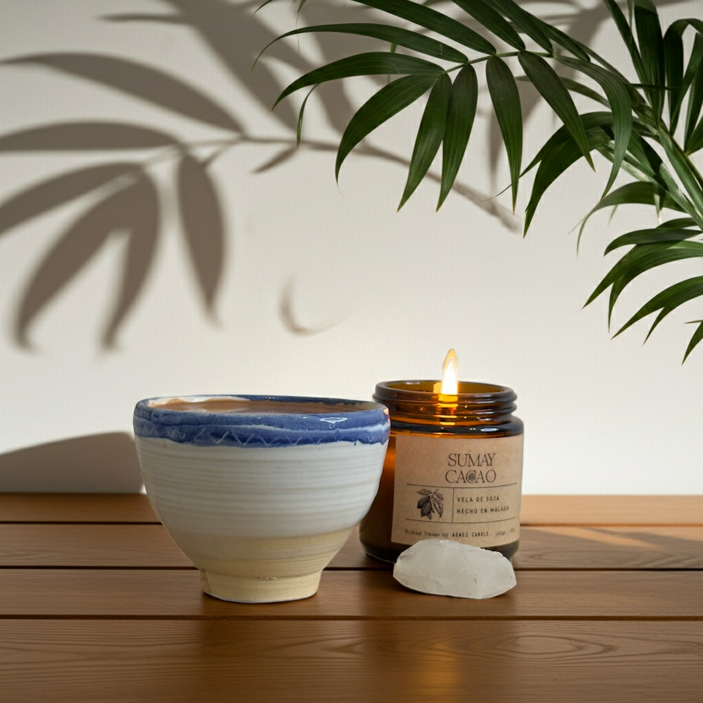 Taza artesanal de cerámica con esmalte azul profundo sobre mesa de madera y sombras suaves de hojas al fondo.