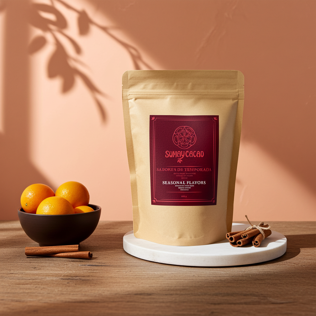 Cacao Sabores de Temporada Sumay Cacao en bolsa kraft con taza beige, piel de naranja y ramas de canela sobre fondo cálido, estilo natural y minimalista.