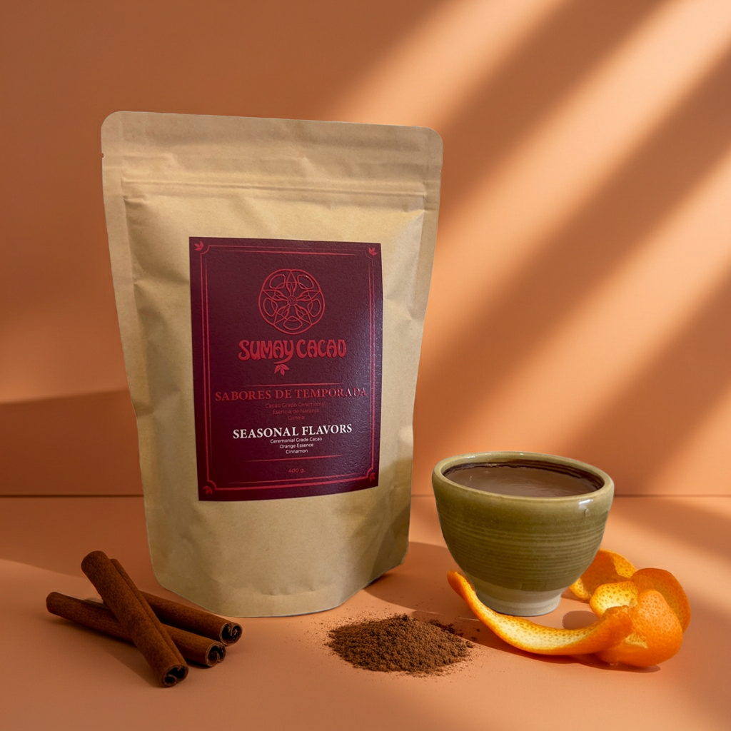 Bolsa de cacao Sabores de Temporada Sumay Cacao sobre fondo melocotón, con taza de cacao caliente, piel de naranja y canela, fotografía cálida con sombras suaves.