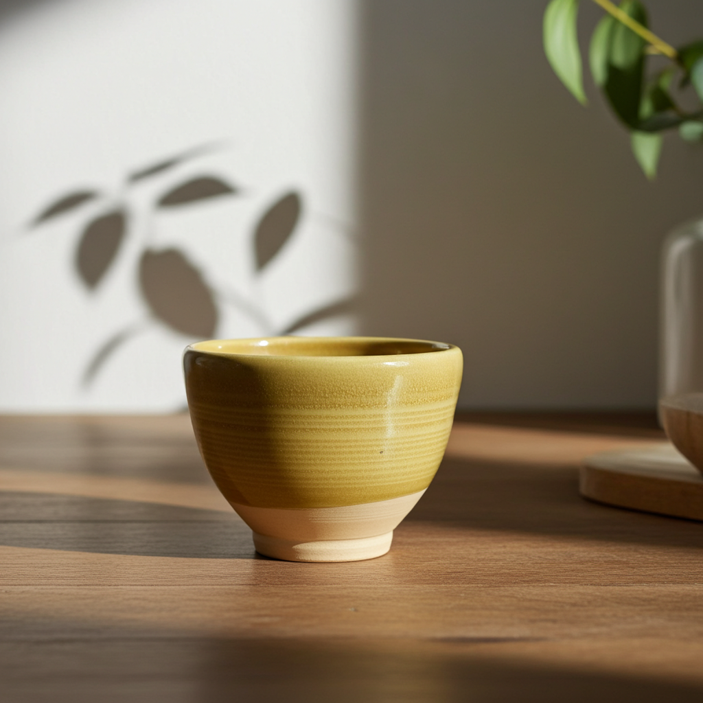Tacita artesanal de cerámica en esmalte amarillo ocre sobre una mesa de madera, con sombra suave de hojas al fondo.