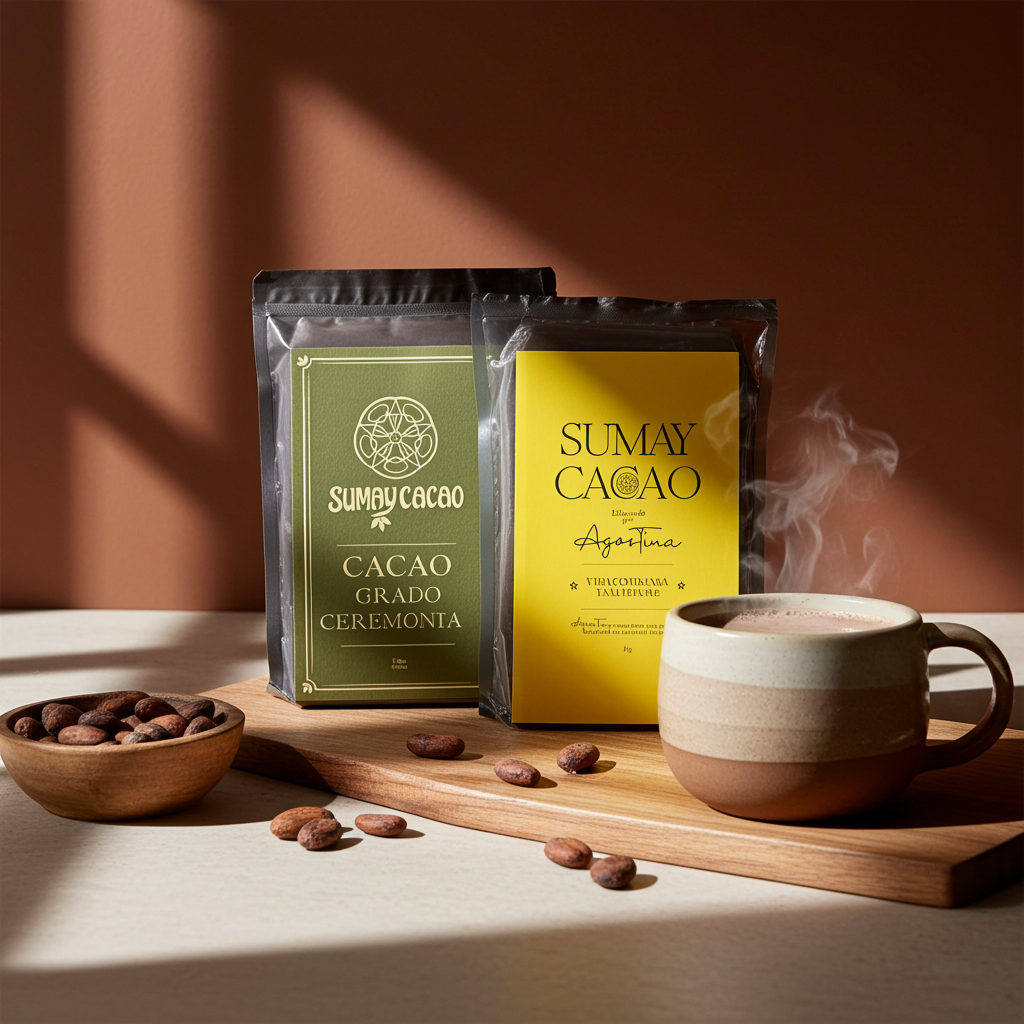 Bloques de kilo de Sumay Cacao, en ambiente acogedor, con semillas de cacao y taza humeante, luz natural.