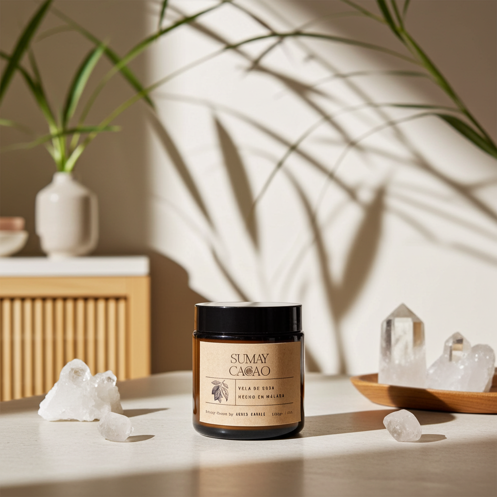 Vela artesanal de soja en frasco ámbar sobre mesa de madera, con cuarzos y sombras de hojas en fondo cálido, estilo ritual.