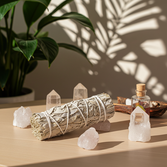 Atado de salvia blanca sobre mesa de madera con cristales y sombras de plantas, fotografía cálida estilo ritual.