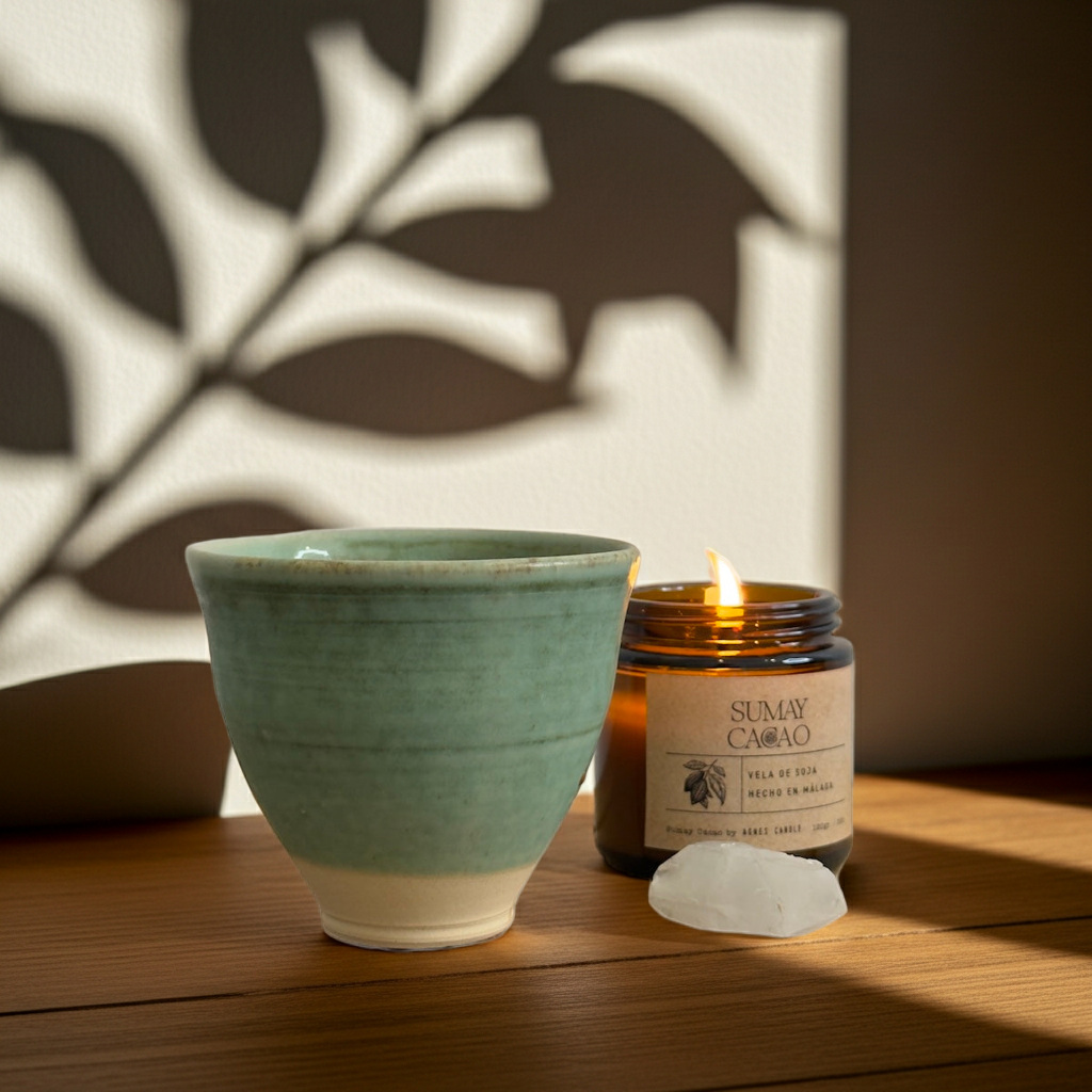 Taza artesanal de cerámica en tonos verde agua y beige sobre mesa de madera, con cristales de cuarzo y sombras suaves de plantas al fondo.