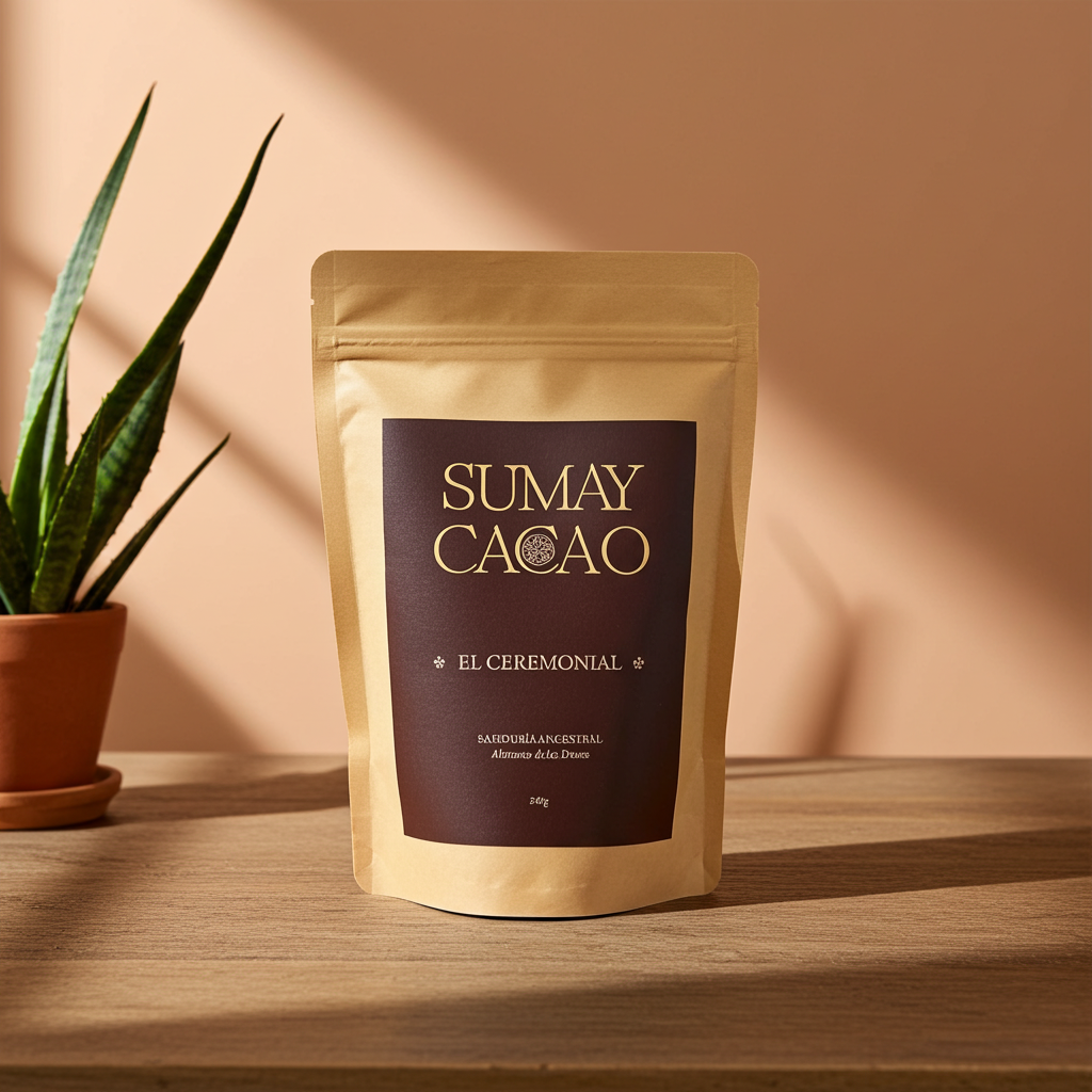 Paquete de cacao ceremonial 350g en mesa de madera on planta detrás y luz natural entrando por un lado.
