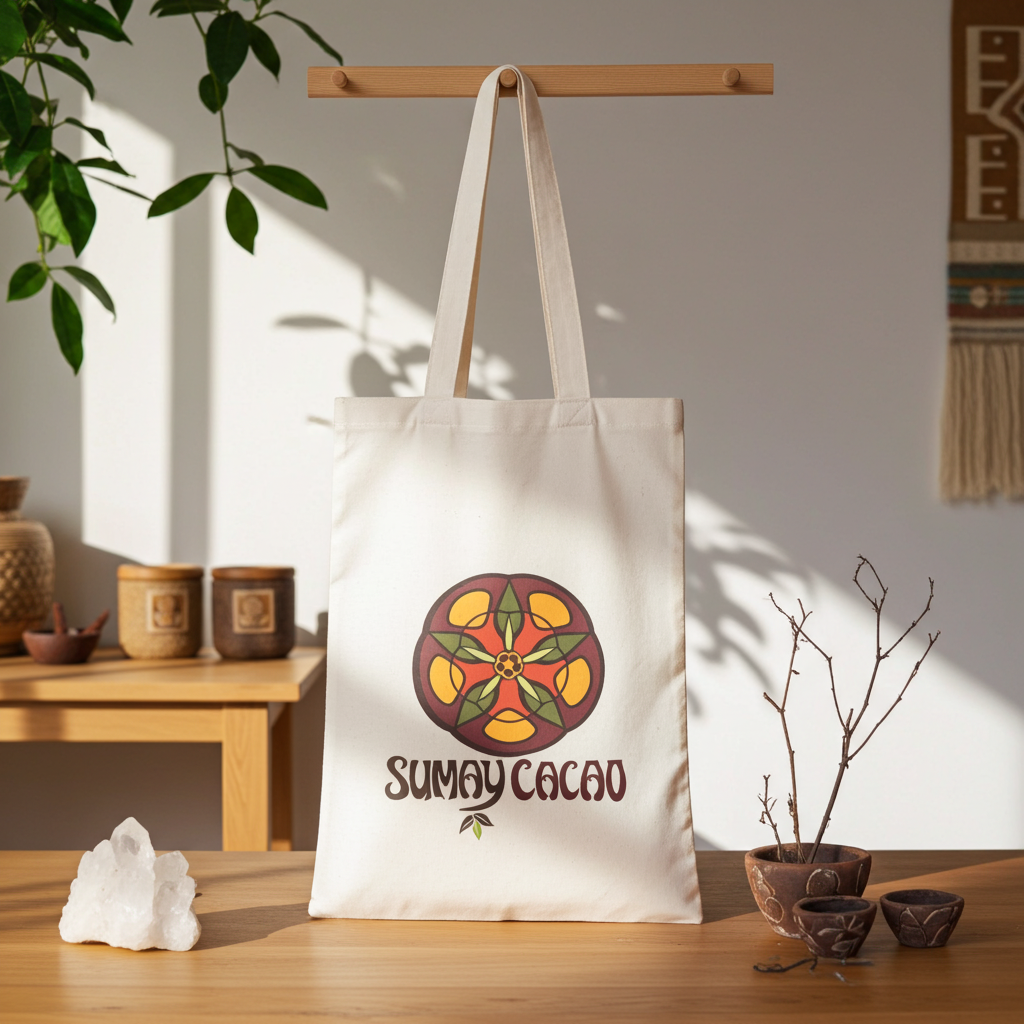Tote bag de algodón natural Sumay Cacao colgada en un ambiente cálido, con luz suave y elementos artesanales como cristales y piezas de cerámica alrededor.