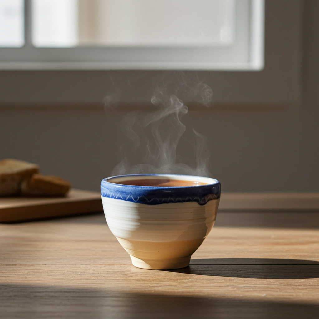 Taza artesanal con cacao caliente sobre mesa de madera y luz natural ue entra por el costado