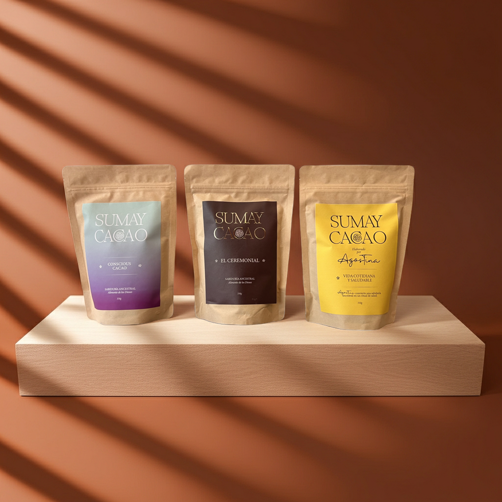 Trilogía del cacao Sumay con Vida Cotidiana, Cacao Ceremonial y Conscious Cacao en bolsas de 350 g