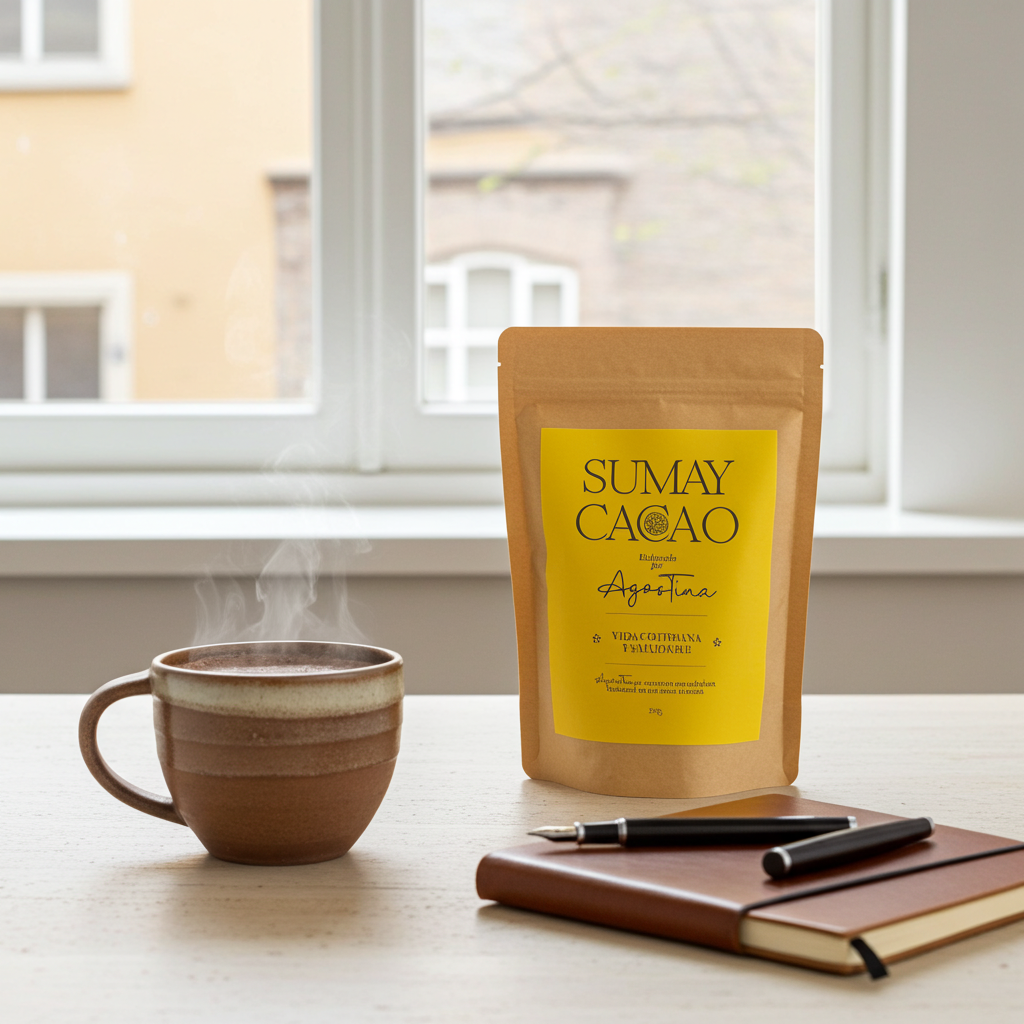 Paquete Vida Cotidiana de Sumay cacao junto a taza humente y una libreta con boli, sobre una mesa. Ventana con edificio en frente.