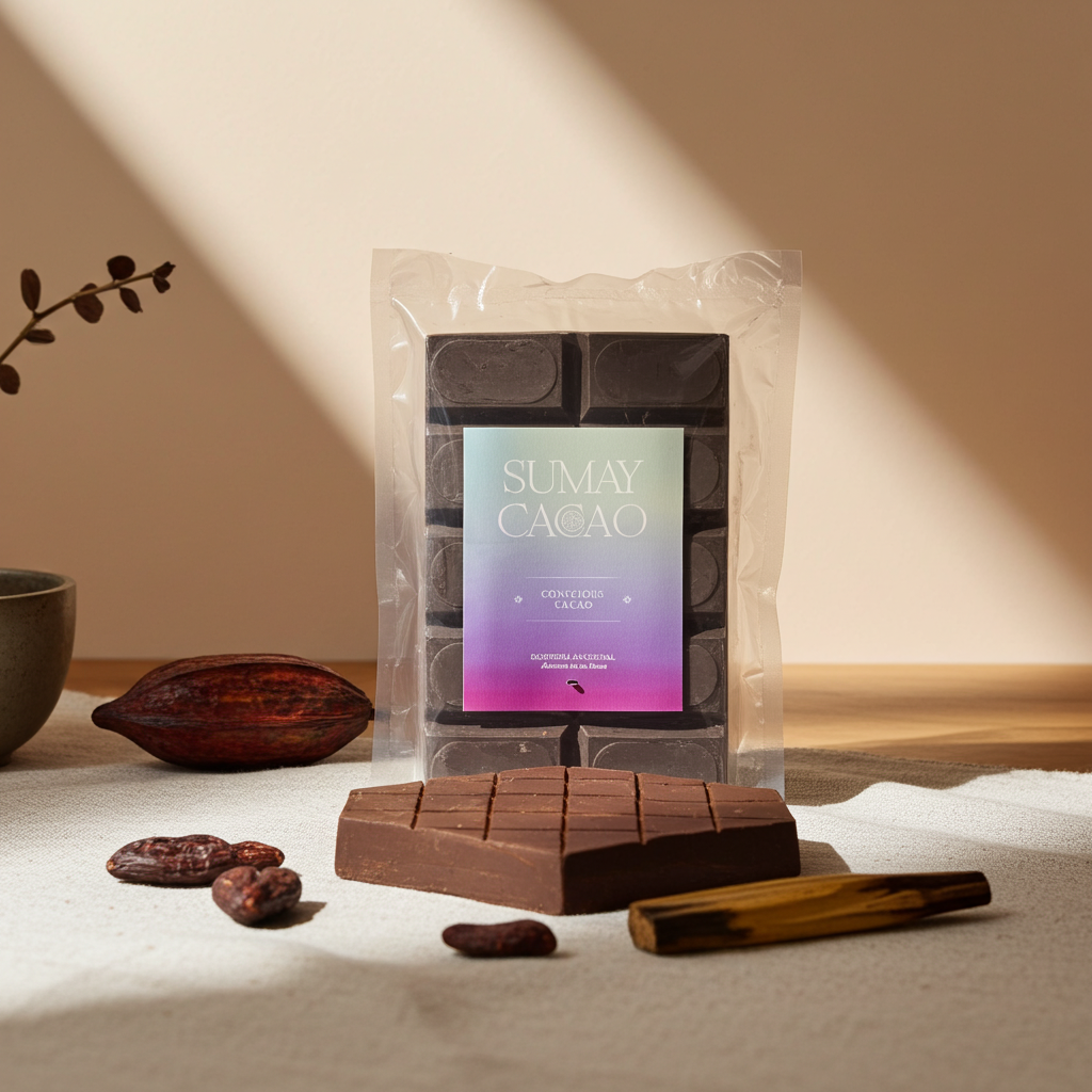 Cacao Ancestral - Ceremonial con barra cacao y elementos naturales. Fondo beige y fruto cacao, Sumay Cacao